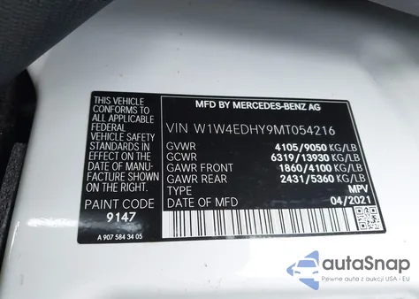 2021 Mercedes-Benz Sprinter 2500 High Roof V6 из США, поврежденный, VIN W1W4EDHY9MT054216